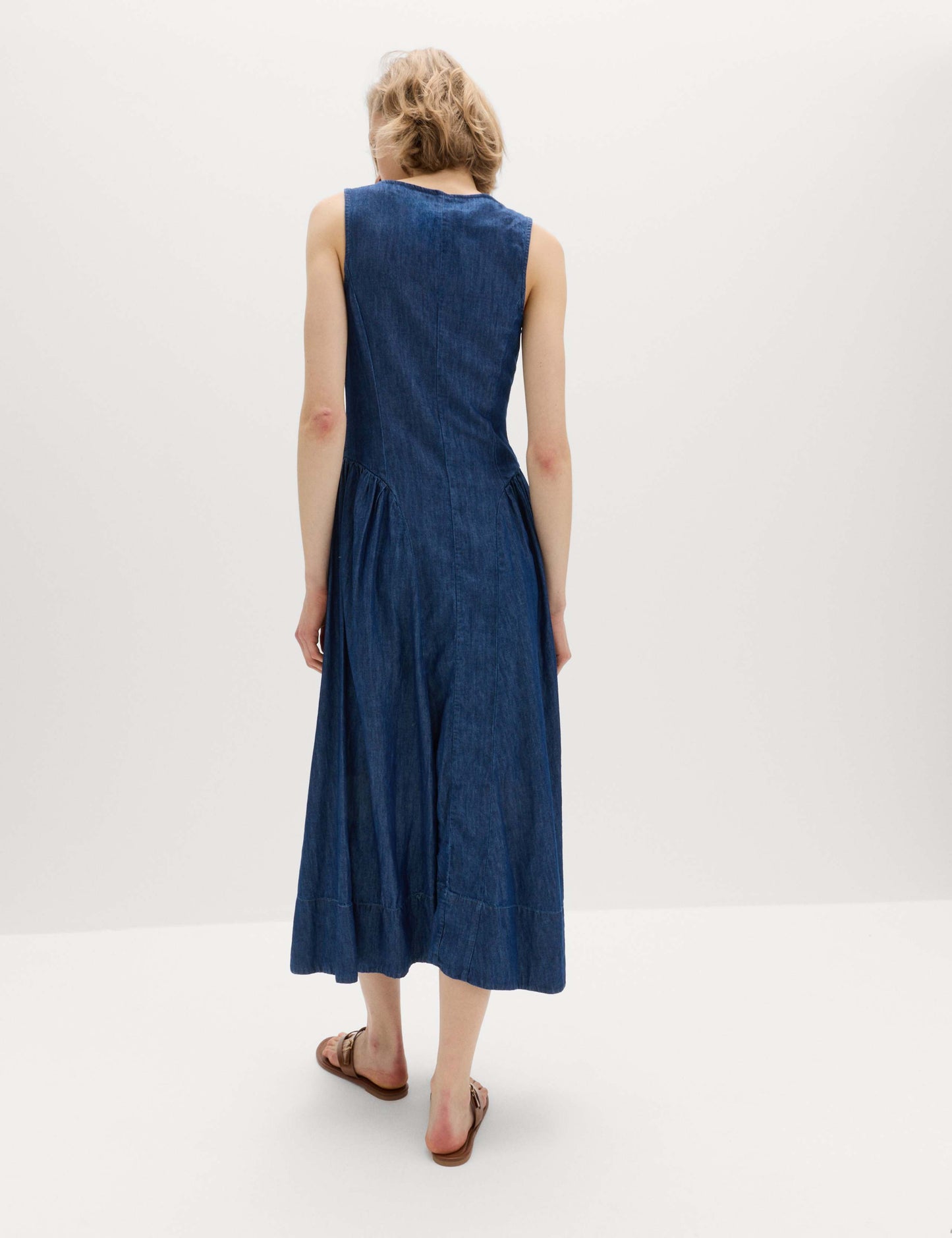 Denim Zip Up Drop Waist Midi Dress