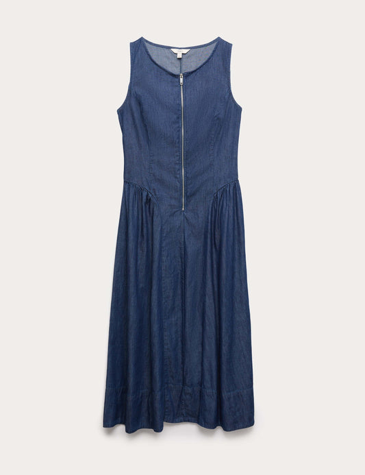 Denim Zip Up Drop Waist Midi Dress