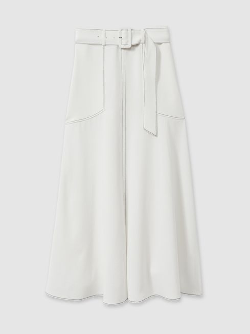 Contrast Stitch Belted Midi Skirt