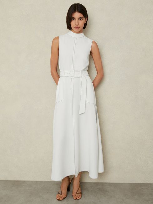 Contrast Stitch Belted Midi Dress