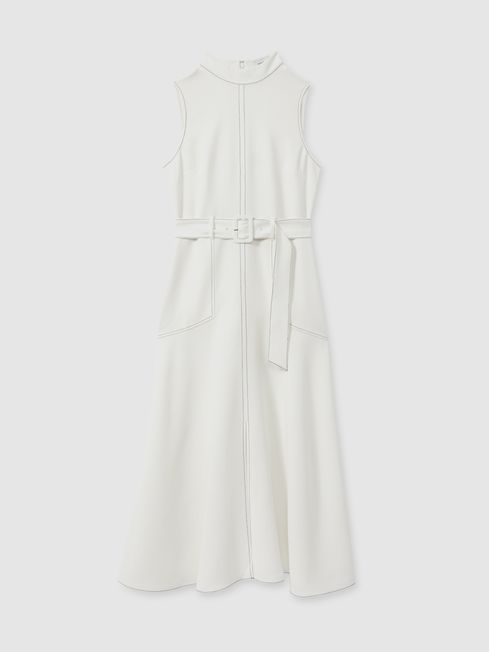 Contrast Stitch Belted Midi Dress