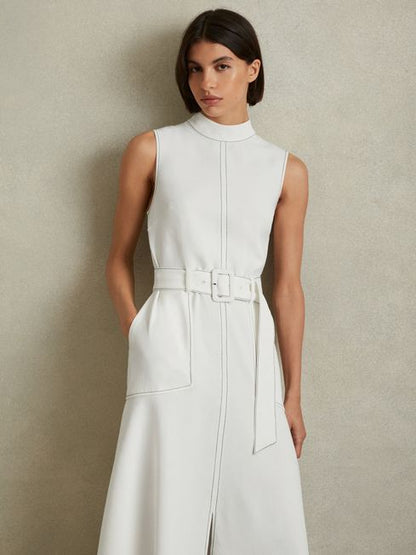 Contrast Stitch Belted Midi Dress