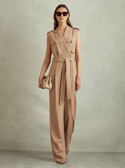 Wool Blend Double Breasted Belted Jumpsuit