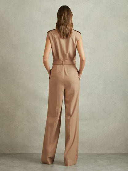 Wool Blend Double Breasted Belted Jumpsuit