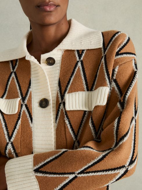 Wool with Cashmere Diamond-Jacquard Cardigan