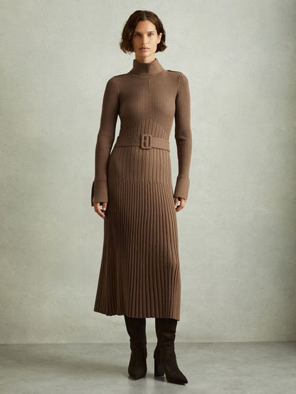 Ribbed Funnel Neck Belted Midi Dress