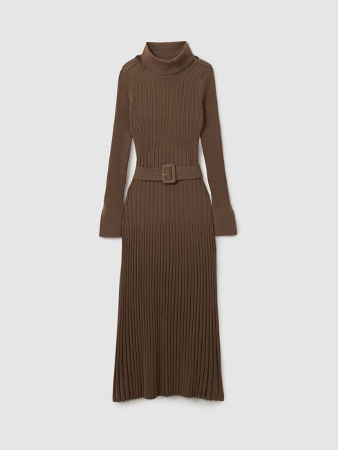 Ribbed Funnel Neck Belted Midi Dress