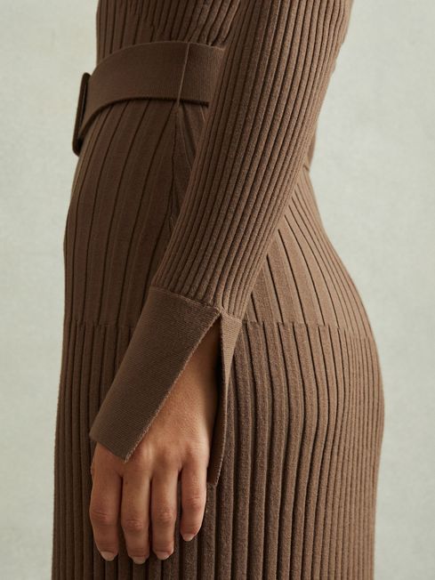 Ribbed Funnel Neck Belted Midi Dress