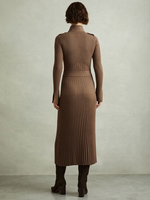 Ribbed Funnel Neck Belted Midi Dress