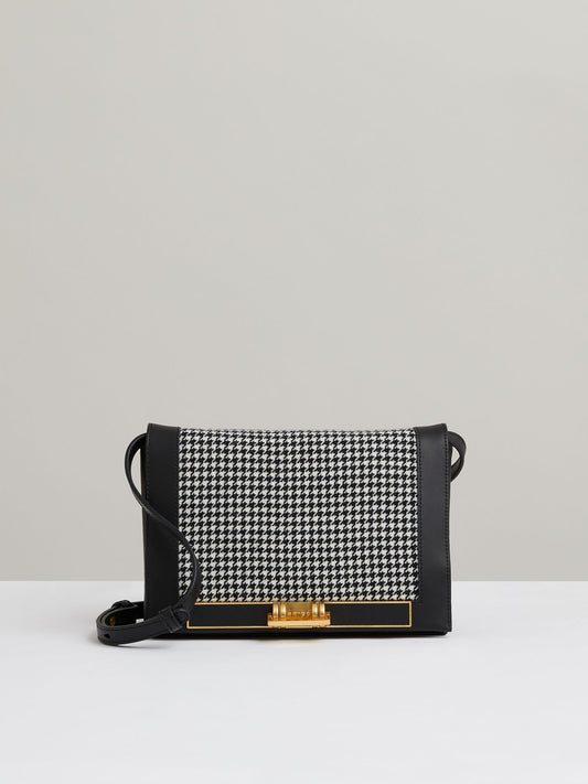 Leather and Dogtooth Wool Bag in Black