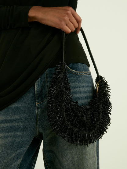 Beaded Crescent Shoulder Bag in Black