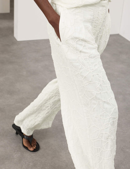Embroidered Knot Wide Leg Trousers