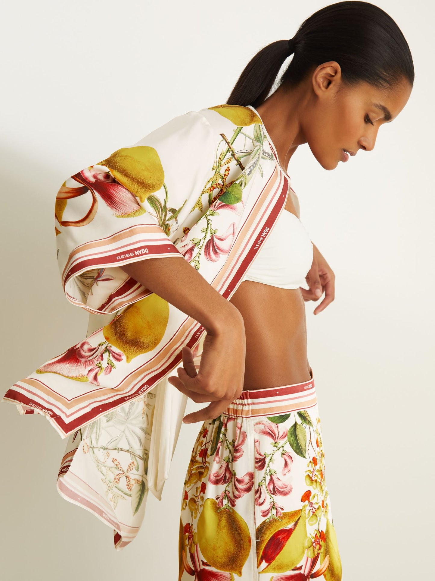 NYBG Satin Floral-Print Shirt in Ivory