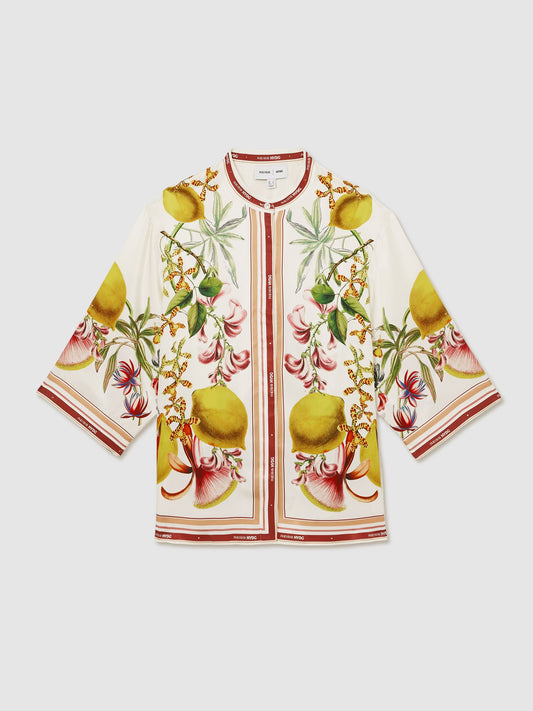 NYBG Satin Floral-Print Shirt in Ivory