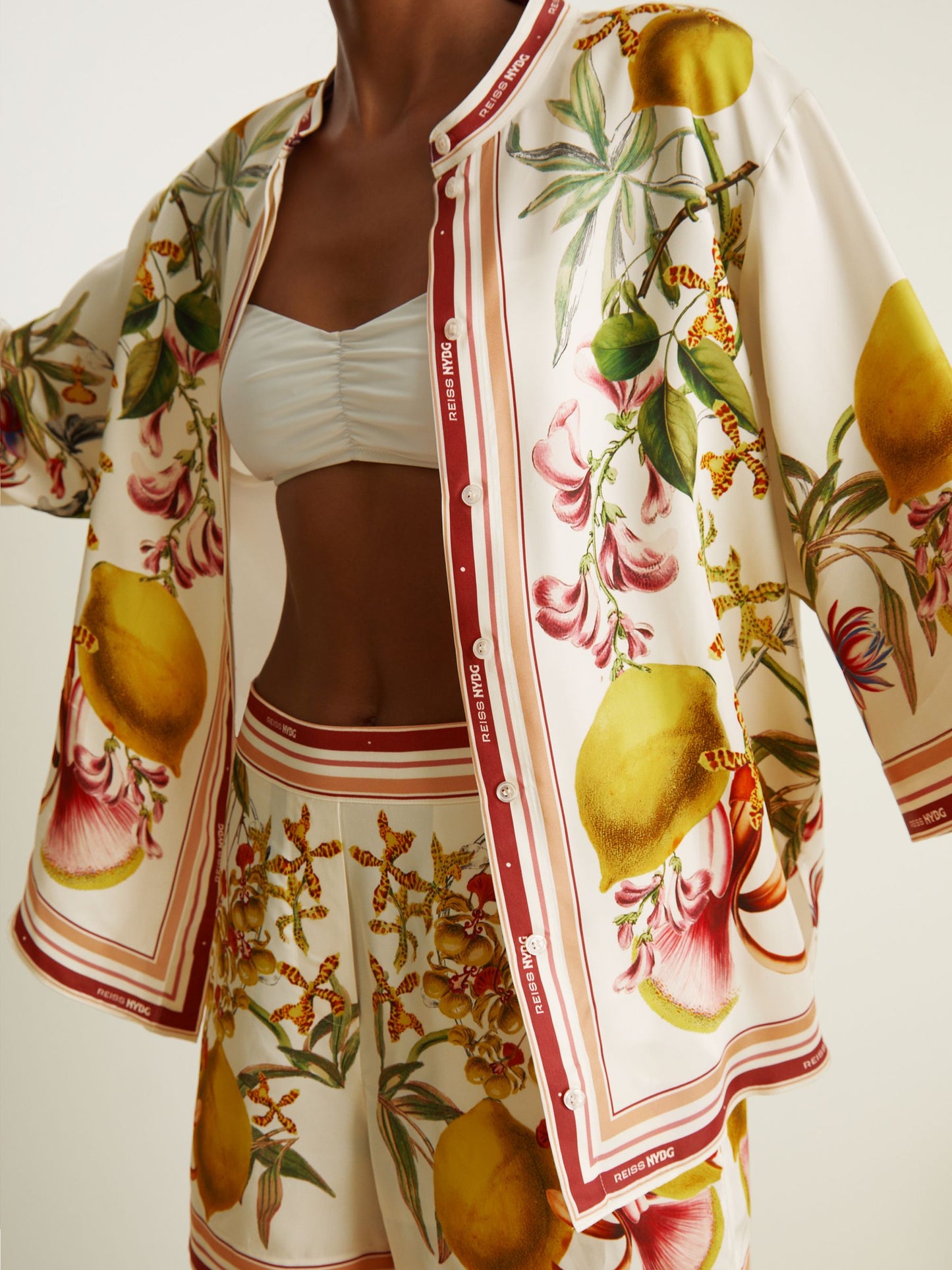 NYBG Satin Floral-Print Shirt in Ivory