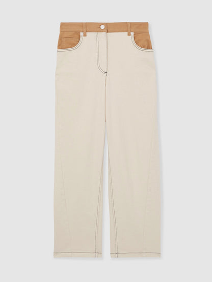 Colour-Block Twisted-Seam Straight Jeans in Ecru