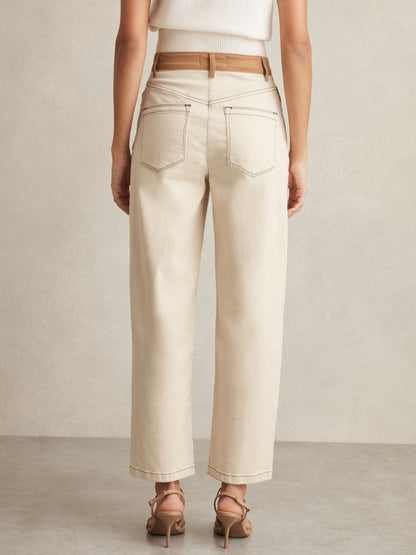 Colour-Block Twisted-Seam Straight Jeans in Ecru