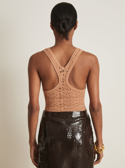 Reiss Atelier Ladder Knit High Neck Bodysuit in Tan