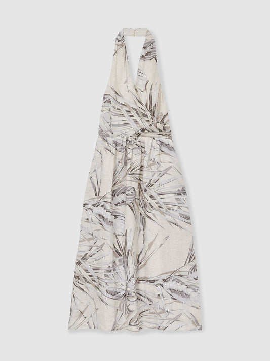 Linen Palm Print Halterneck Midi Dress in Neutral