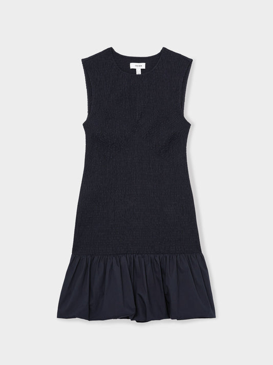 Reiss Cotton Shirred Bubble-Hem Mini Dress in Navy