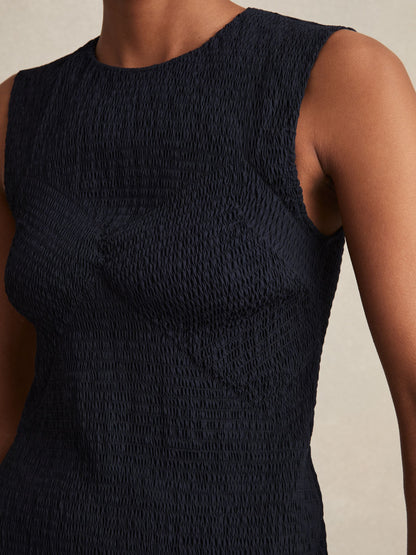 Reiss Cotton Shirred Bubble-Hem Mini Dress in Navy