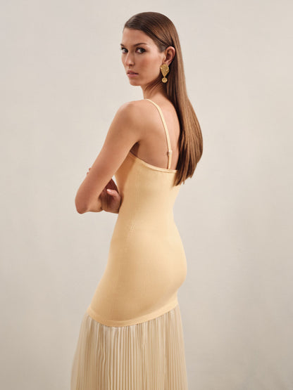 Pleated Skirt Ribbed Midi Dress in Yellow
