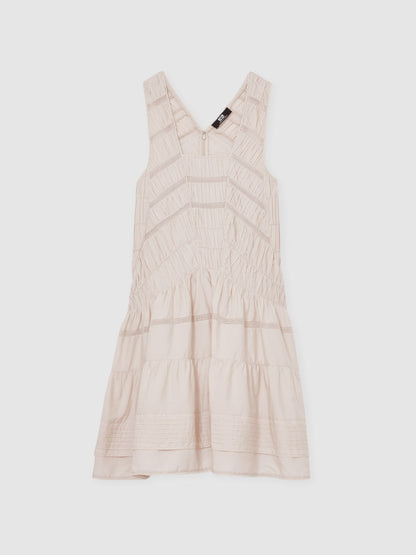 Shirred Ruffle Hem Mini Dress in Neutral