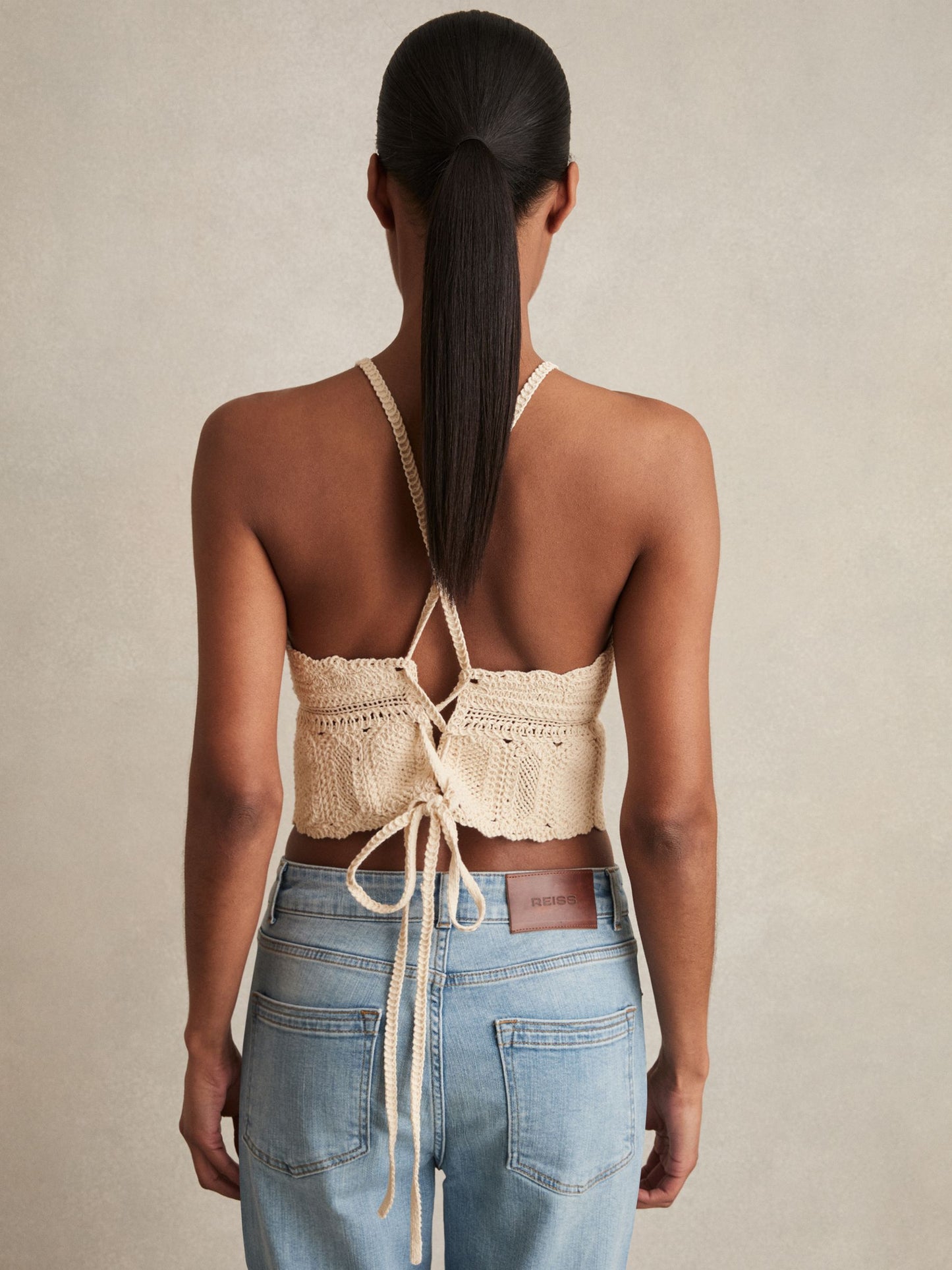 Cotton Crochet Tie-Back Cropped Top in Cream