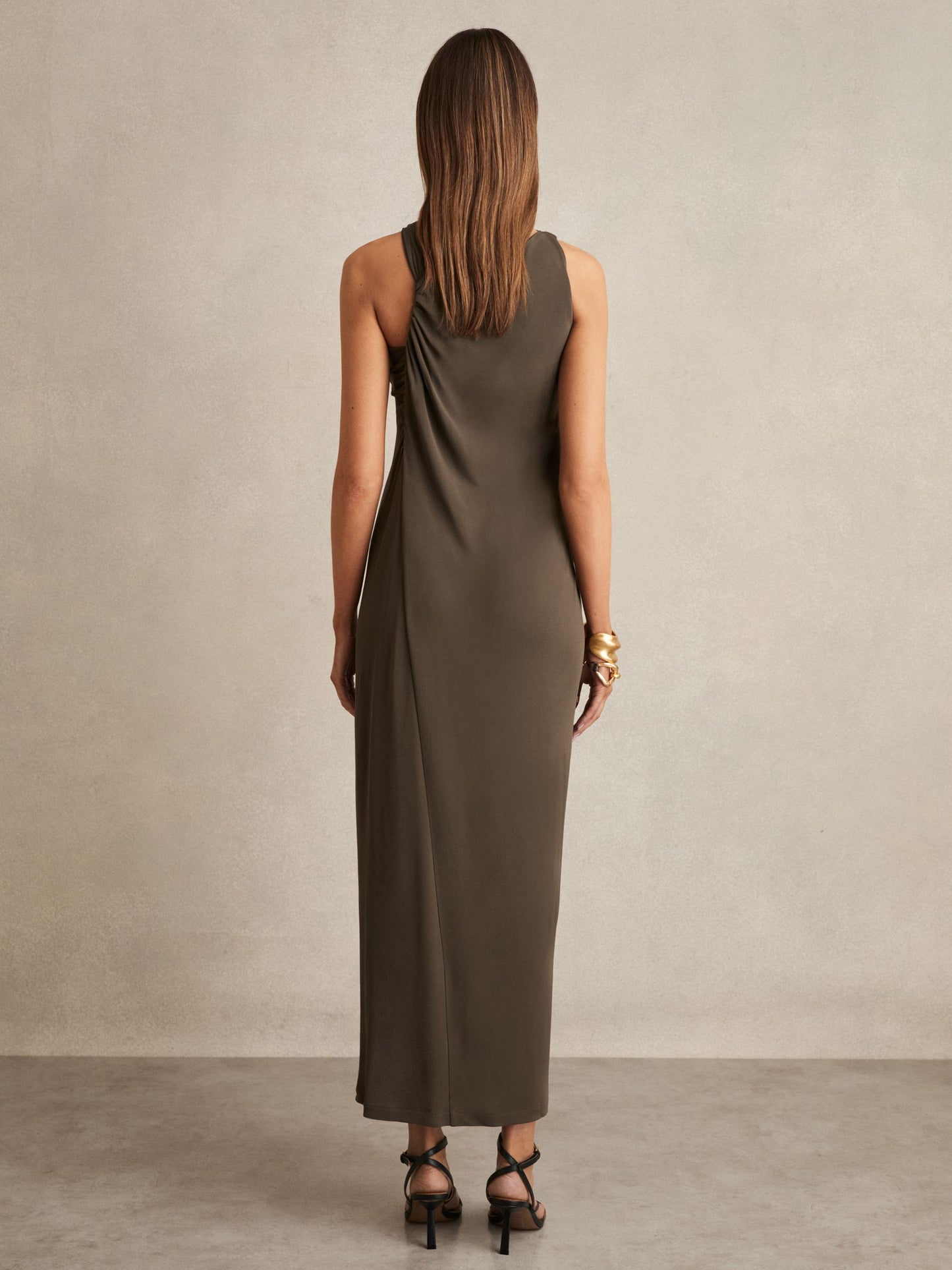 Gathered Neck Jersey Midi Dress in Mocha