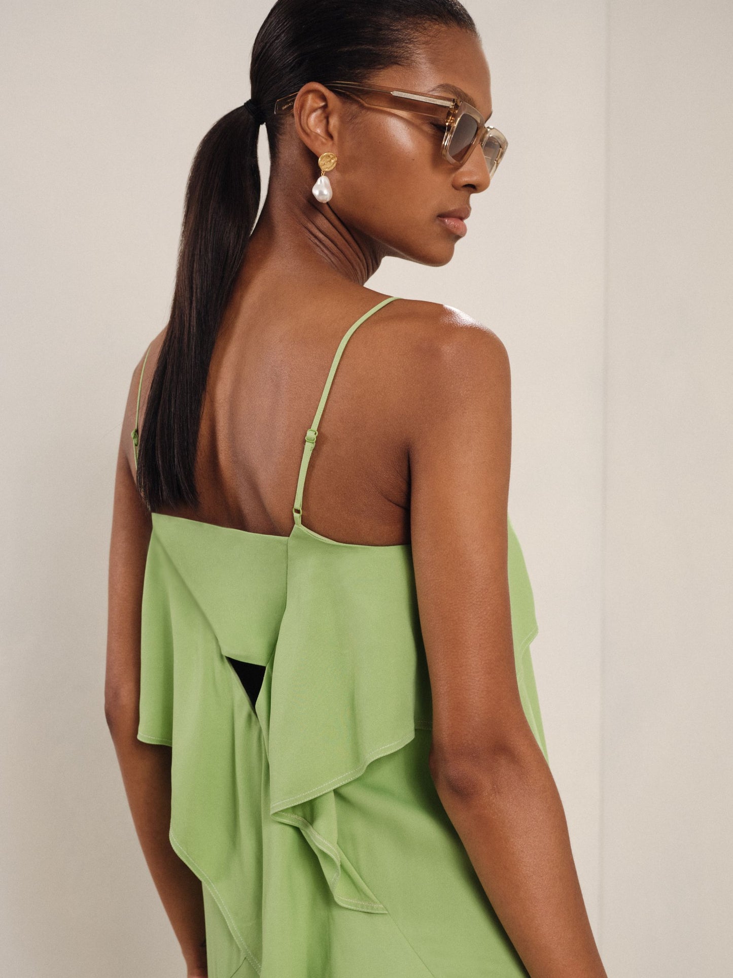 Ruffle-Detail Midi Dress in Green