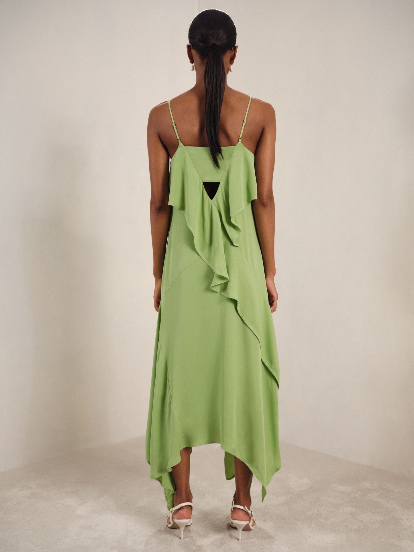 Ruffle-Detail Midi Dress in Green