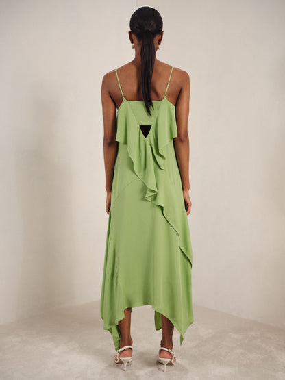 Ruffle-Detail Midi Dress in Green