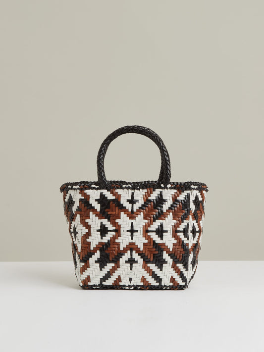 Small Leather Woven Tote Bag in Tan/White/Black