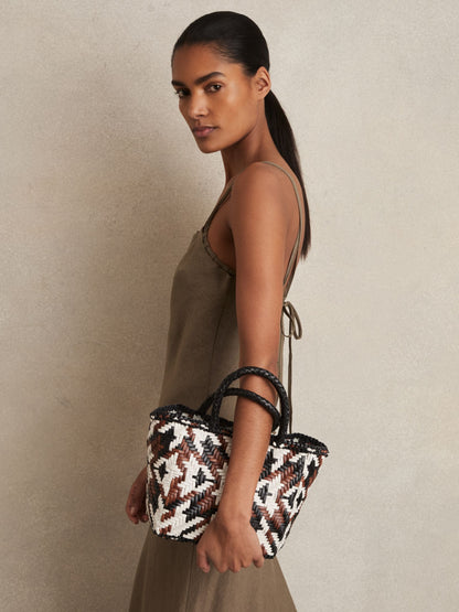 Small Leather Woven Tote Bag in Tan/White/Black