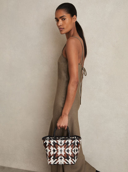 Small Leather Woven Tote Bag in Tan/White/Black