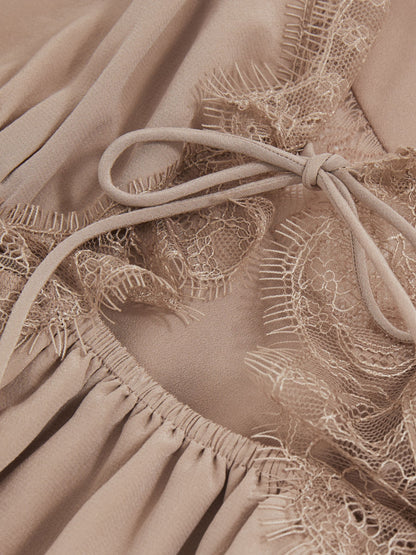 Atelier Silk Lace-Trim Babydoll Dress in Taupe