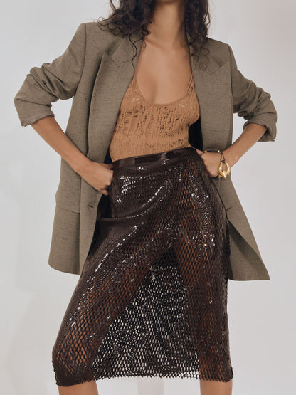 Reiss Atelier Laser-Cut Pencil Skirt in Chocolate