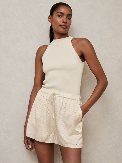 Laser Cut Drawstring Shorts in White