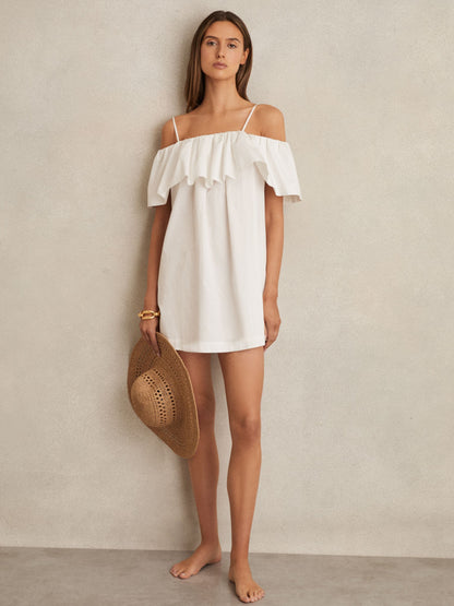 Cotton Off Shoulder Mini Dress in Ivory Cream