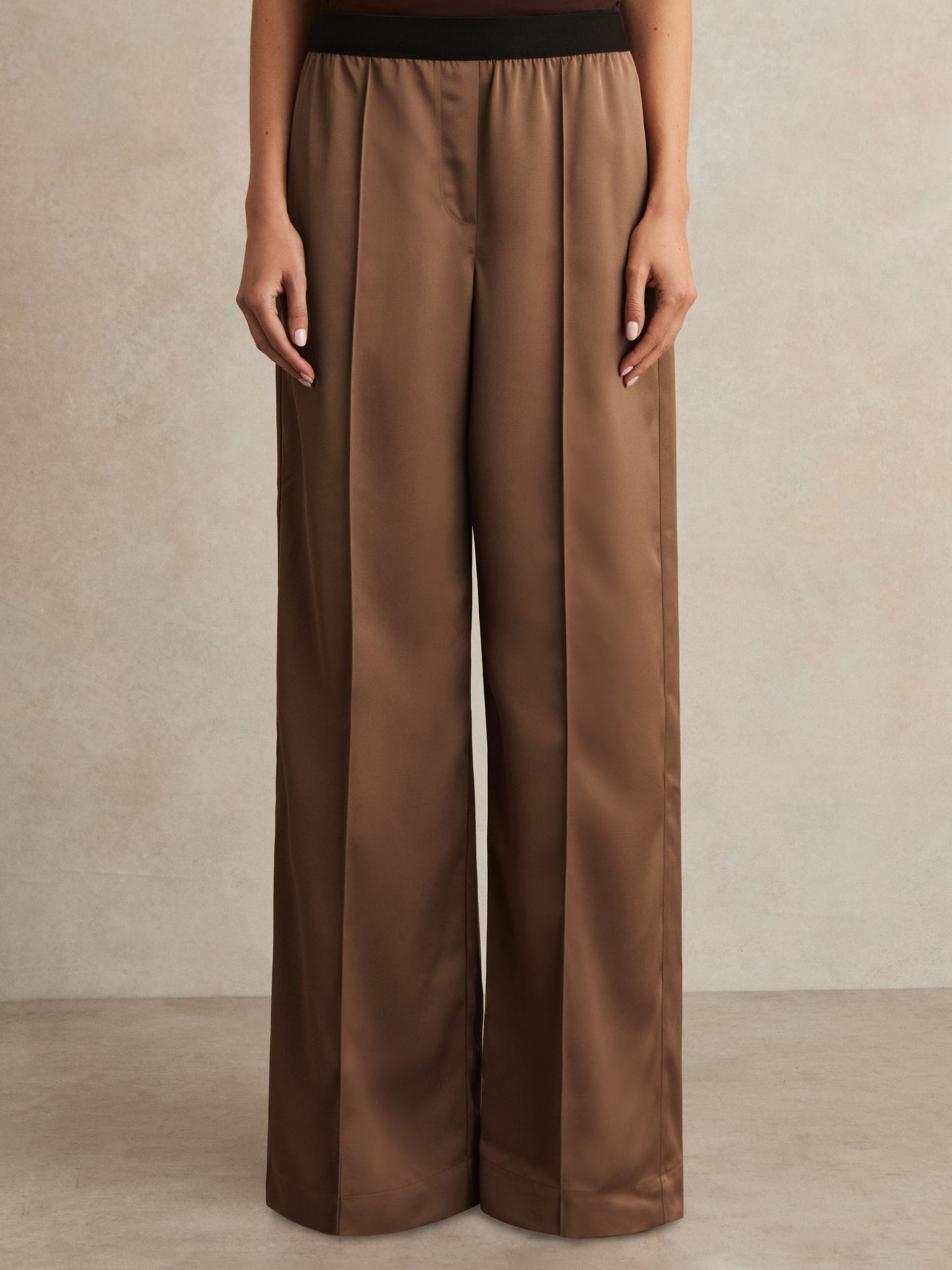 Satin Wide Leg Elastic Waist Trousers in Taupe Neutral