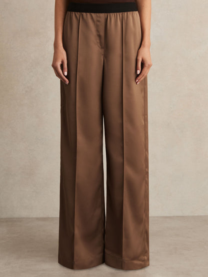 Satin Wide Leg Elastic Waist Trousers in Taupe Neutral
