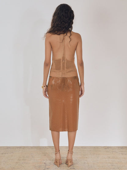 Reiss Atelier Laser-Cut Pencil Skirt in Tan