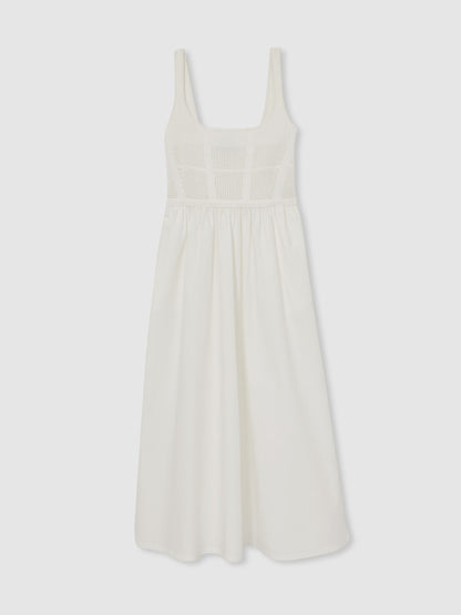 Reiss Perforated-Knit Cotton-Skirt Midi Dress in Ivory