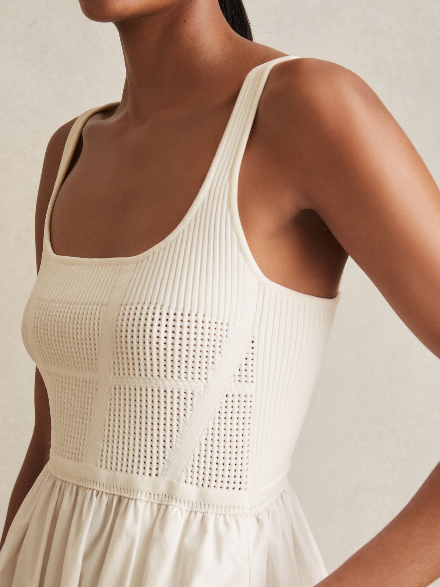 Reiss Perforated-Knit Cotton-Skirt Midi Dress in Ivory