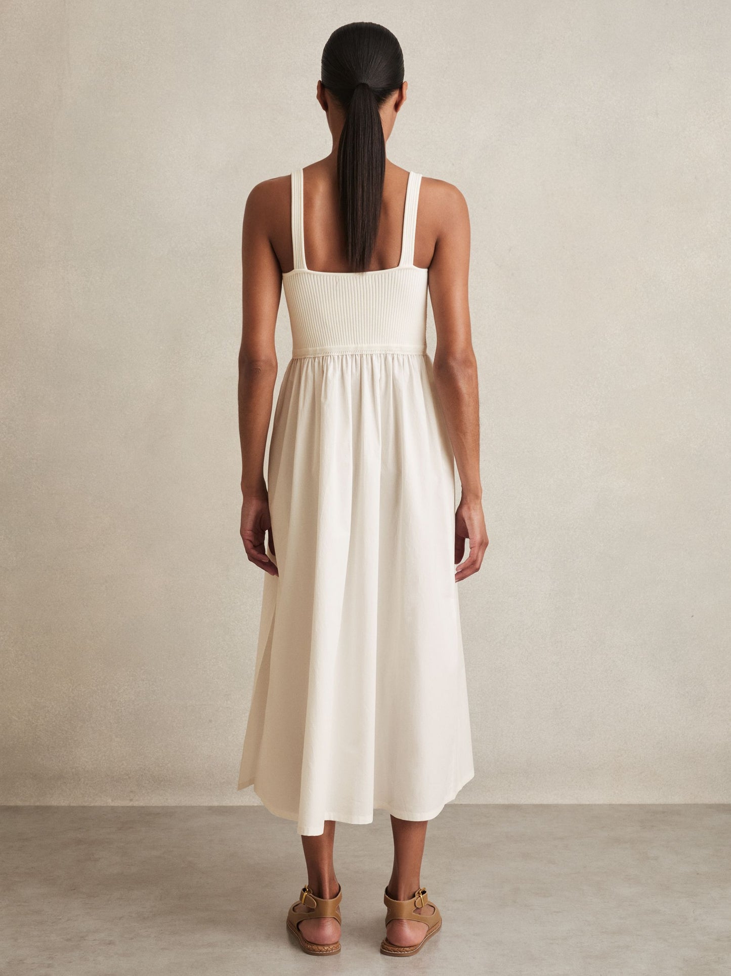Reiss Perforated-Knit Cotton-Skirt Midi Dress in Ivory