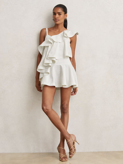 Cotton Tiered Ruffle Mini Dress in Ivory