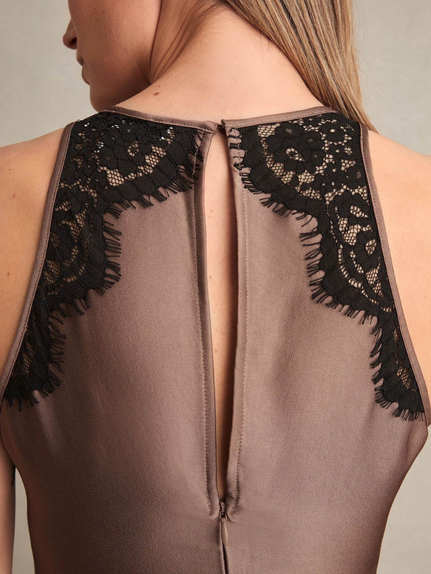 Satin Drape Lace-Trim Dress in Mocha Brown