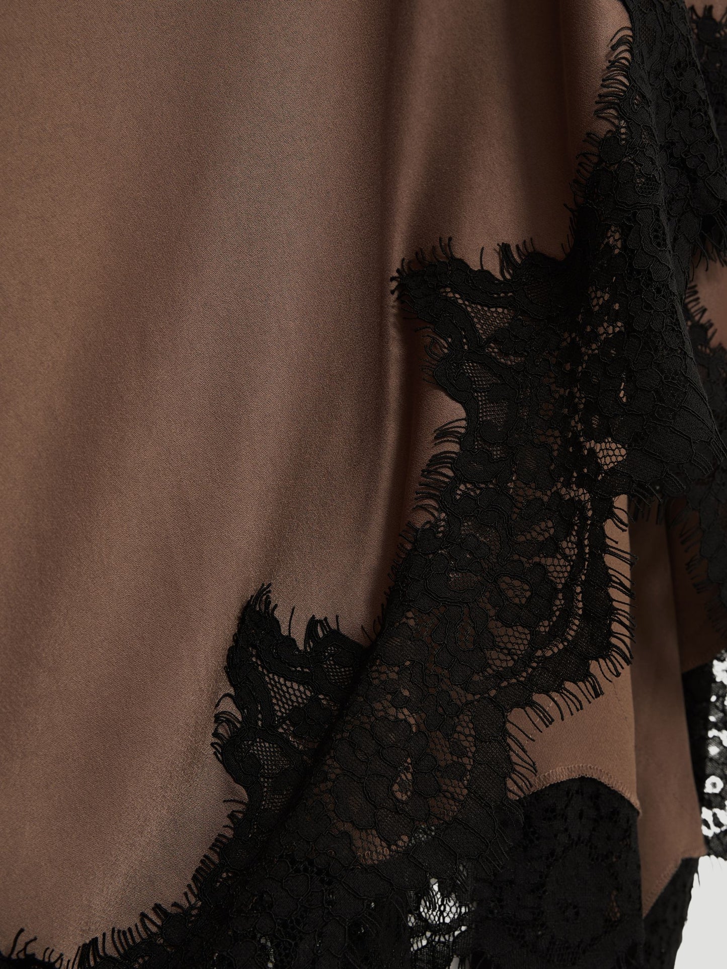Satin Drape Lace-Trim Dress in Mocha Brown