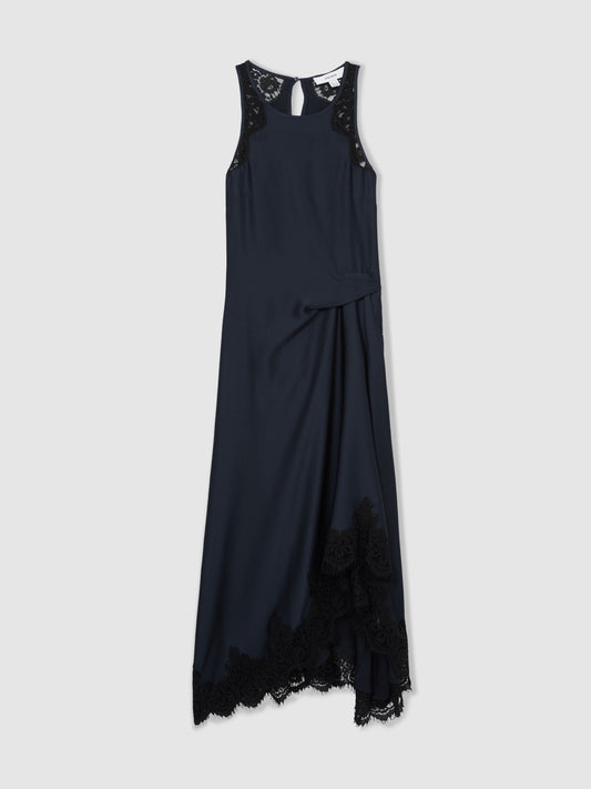Satin Drape Lace-Trim Dress in Navy
