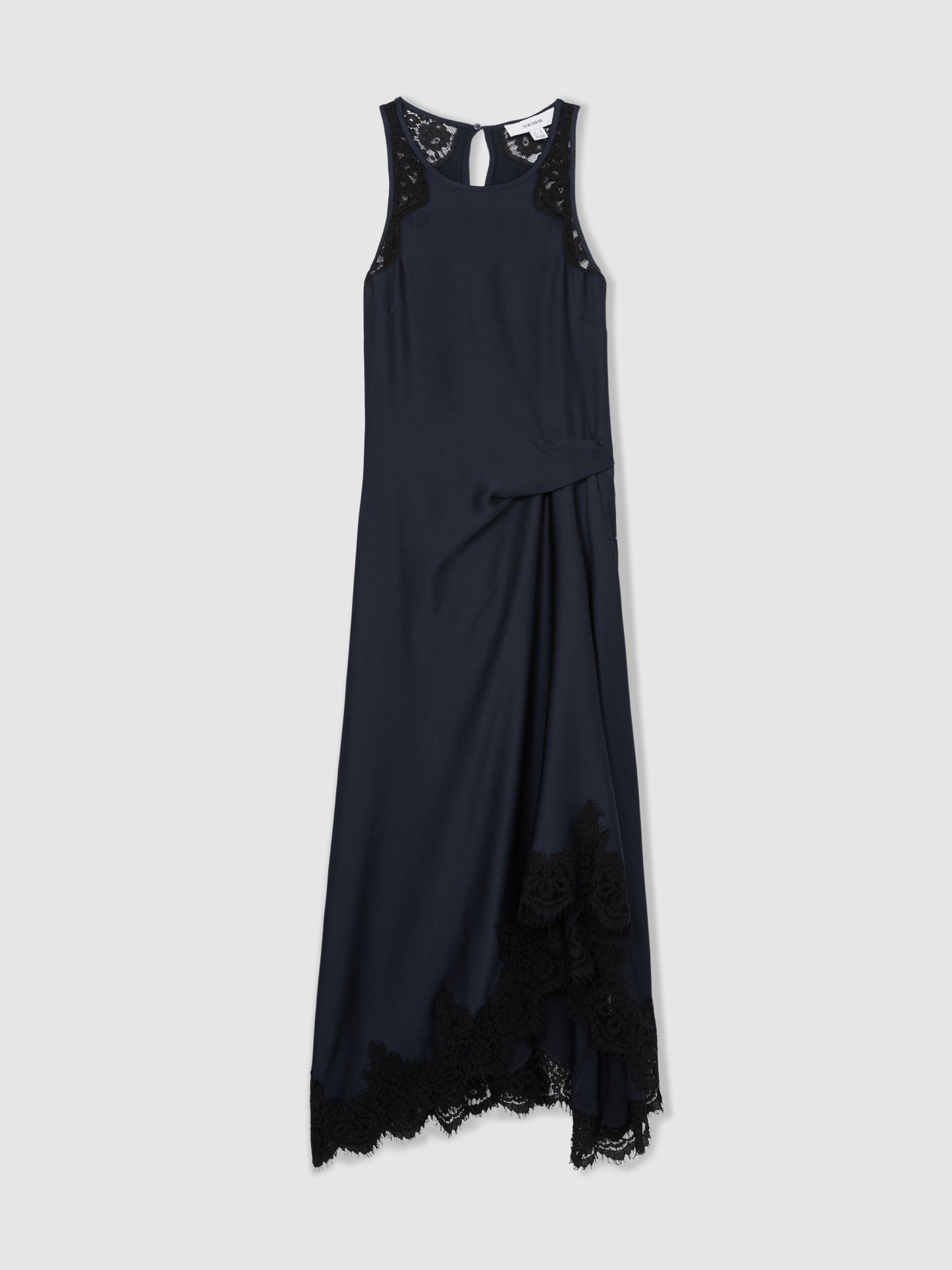 Satin Drape Lace-Trim Dress in Navy